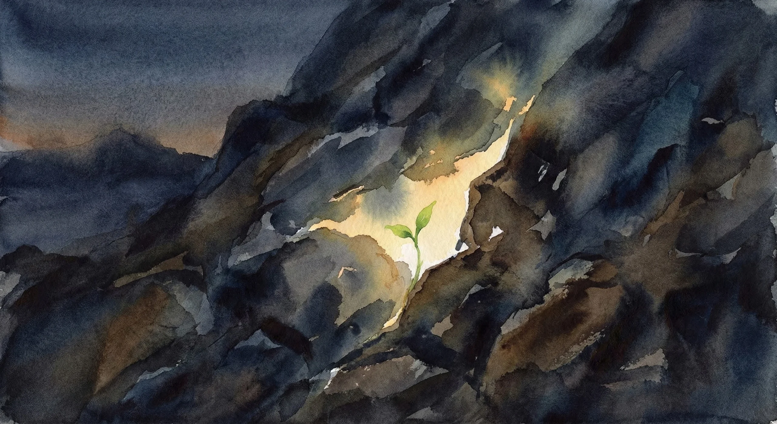 Dipinto ad acquerello che mostra un tenero germoglio verde emergere da una crepa illuminata di luce dorata in una roccia scura. Simbolo cristiano di speranza, vita che nasce e rinascita nella fede.