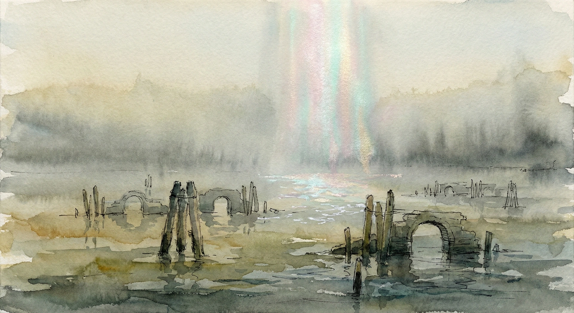 Acquerello etereo in stile Italo Brass che mostra una laguna nebbiosa con rovine, dove un fascio di luce iridescente discende e si posa sull'acqua.