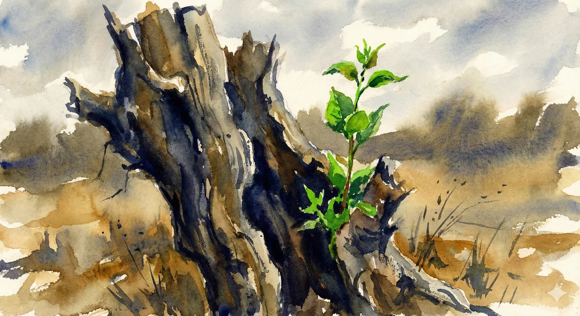 Acquerello di un vecchio tronco d'albero secco da cui spunta un germoglio verde, simbolo della profezia di Isaia per la II Domenica di Avvento 2025.