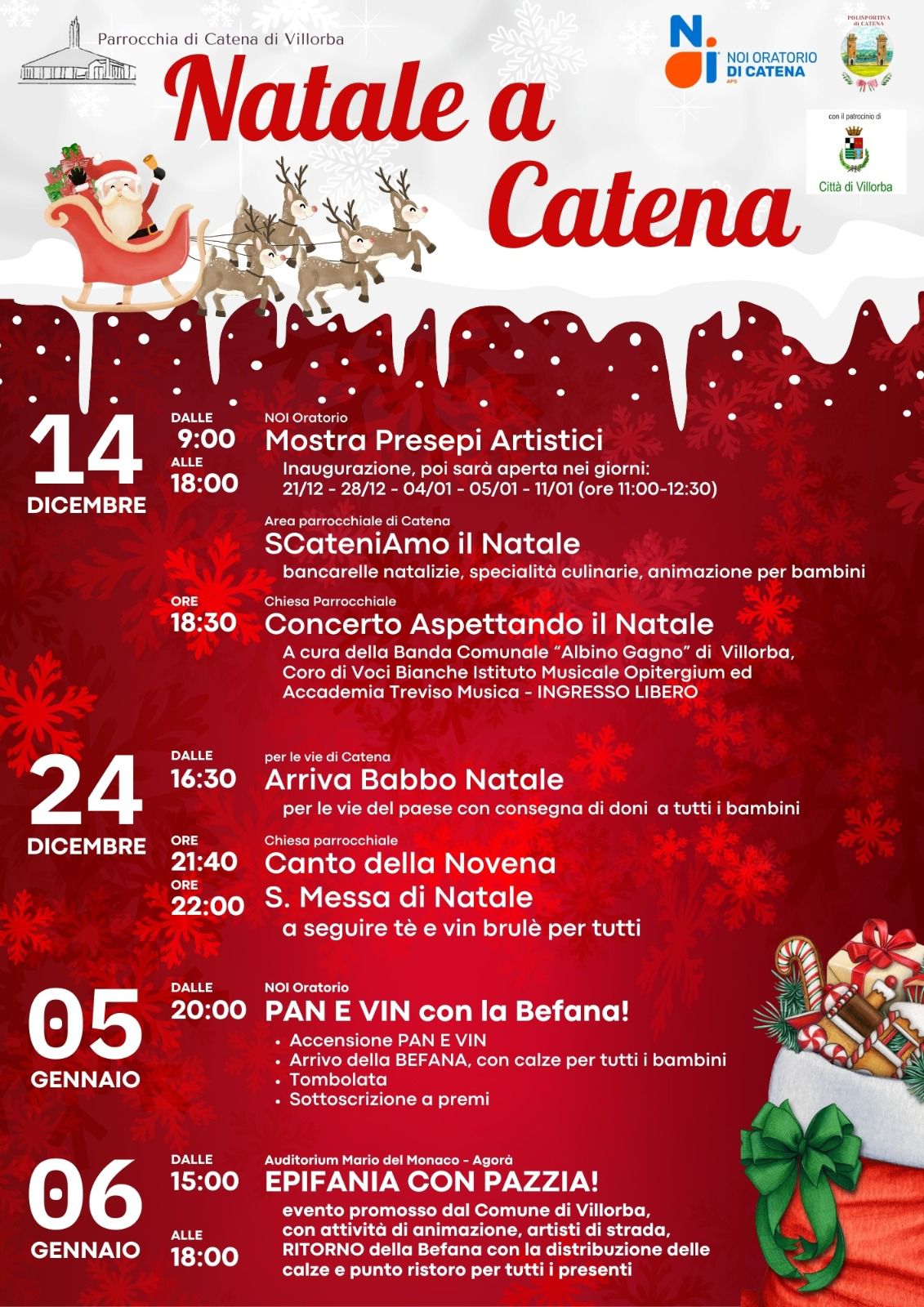 Locandina ufficiale dell'evento Natale a Catena di Villorba. Programma completo degli eventi dal 14 dicembre al 6 gennaio, inclusi mercatini, concerto di Natale, arrivo di Babbo Natale, Pan e Vin e festa della Befana.