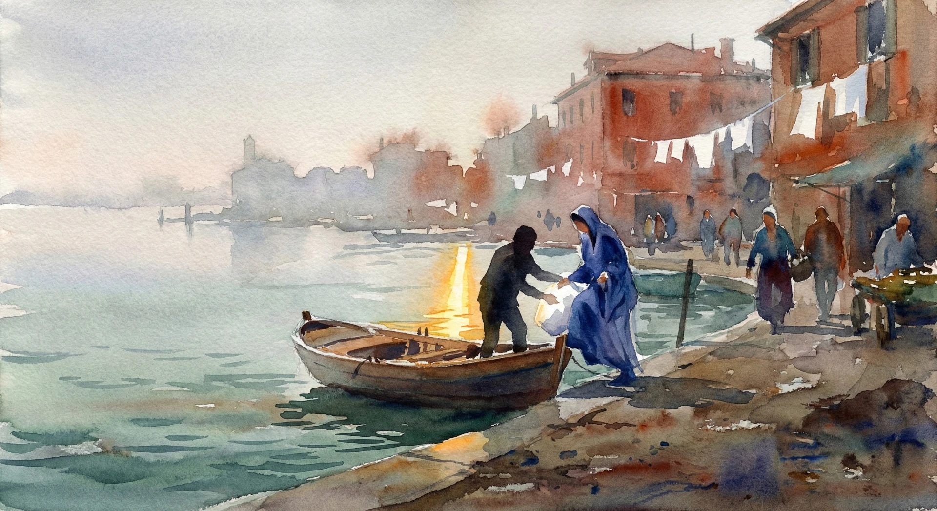 Acquerello in stile Italo Brass raffigurante San Giuseppe che aiuta la Vergine Maria e Gesù Bambino a scendere da una barca. Rappresentazione artistica del ritorno della Santa Famiglia a Nazareth dopo la fuga in Egitto, immagine per la liturgia del 28 dicembre 2025 delle Parrocchie di Villorba.