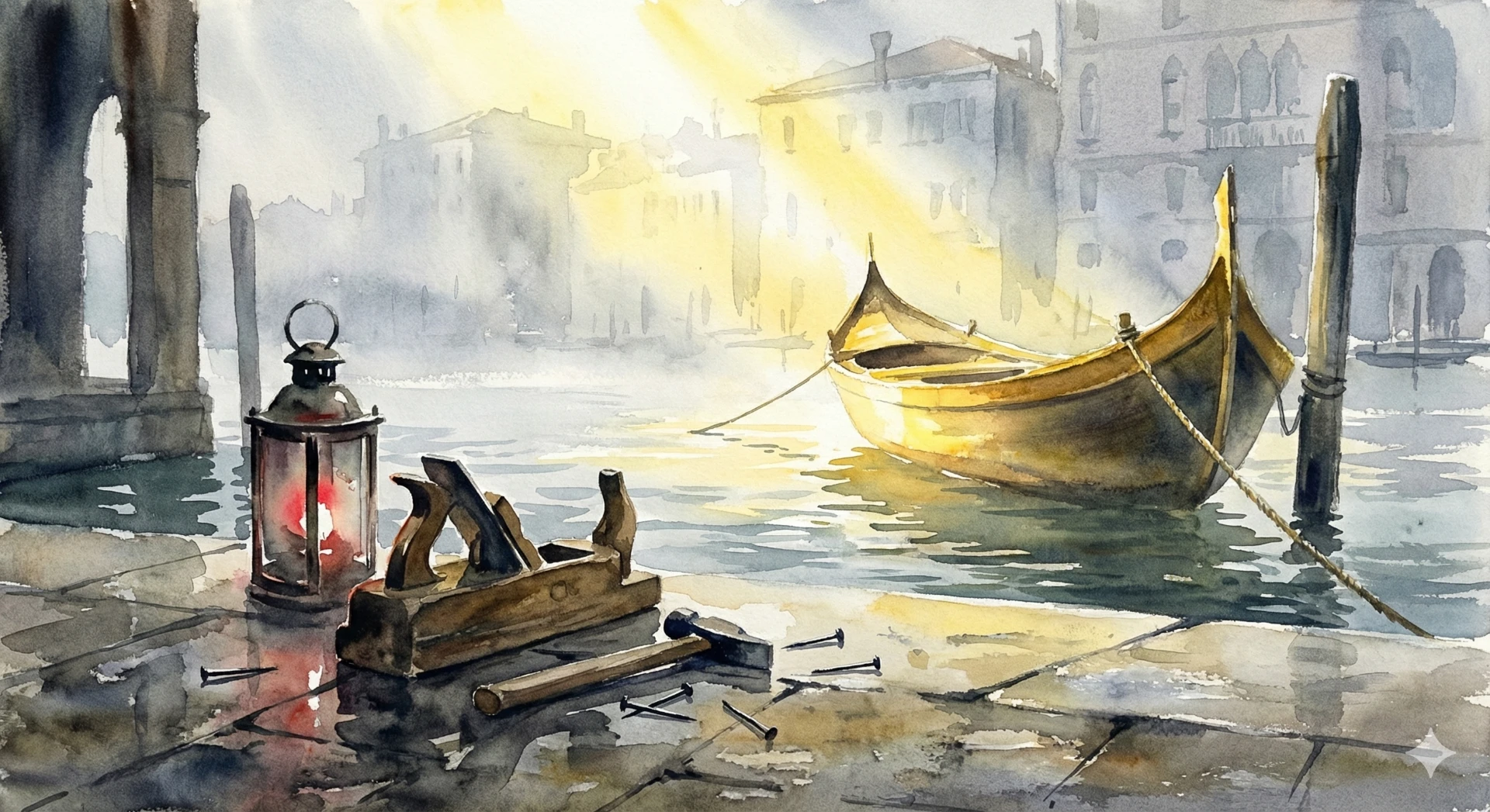 Acquerello stile Italo Brass: attrezzi da falegname e lanterna su riva veneziana all'alba, simbolo del sogno di San Giuseppe e della fiducia in Dio.