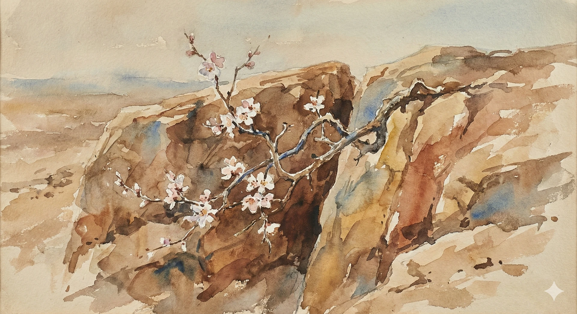 Acquerello di un ramo fiorito che spacca una roccia arida, simbolo della speranza cristiana nel Vangelo di Matteo 11, 2-11 per la III Domenica di Avvento