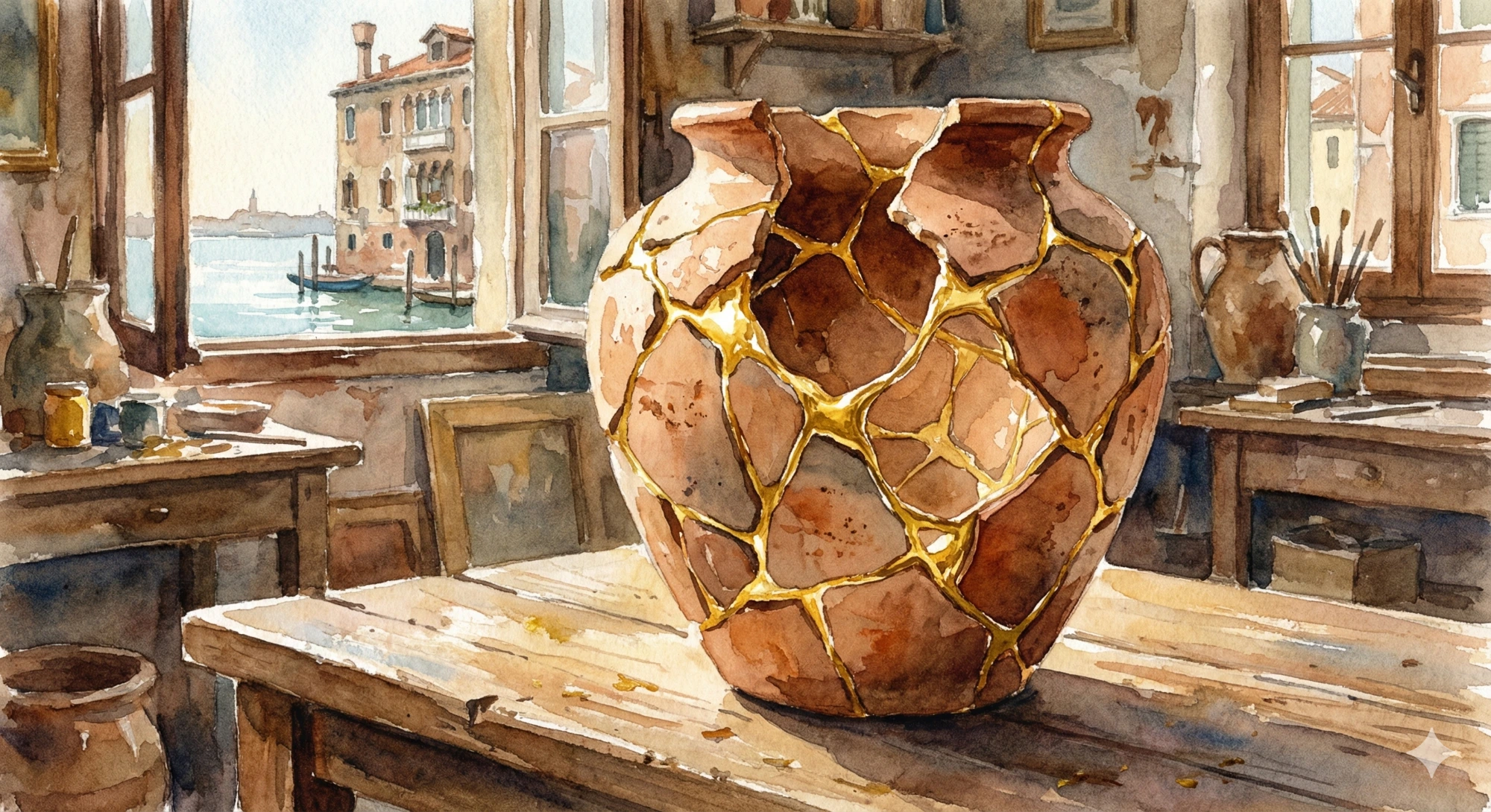 Acquerello in stile Italo Brass che ritrae un vaso di terracotta frantumato, con le crepe riempite da oro liquido lucente (tecnica Kintsugi). Simboleggia le ferite umane rese preziose dalla grazia e dalla misericordia di Cristo Re dell'Universo.